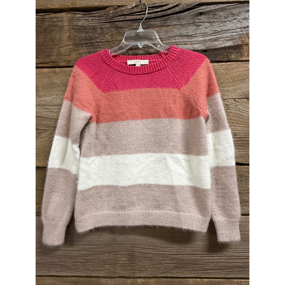 Loft Petites Striped Crew Neck Sweater Pink Coral Tan Cream XSP